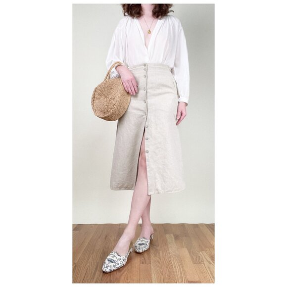 Vintage Linen Button Down Midi Skirt A-line Old Money Quiet Luxury French Girl - Picture 1 of 9